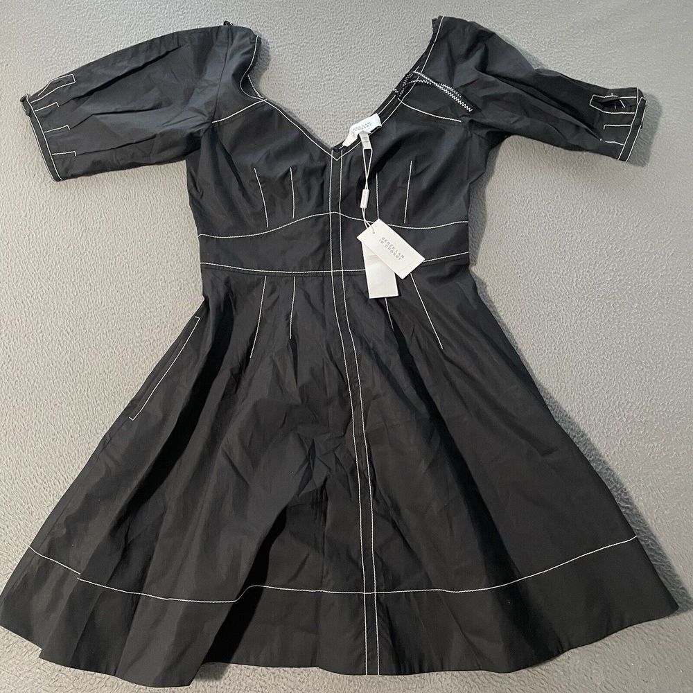Derek Lam 6 NWT $325 Black Dress Fit Flare Cotton Pocket Off‎ Shoulder Empire